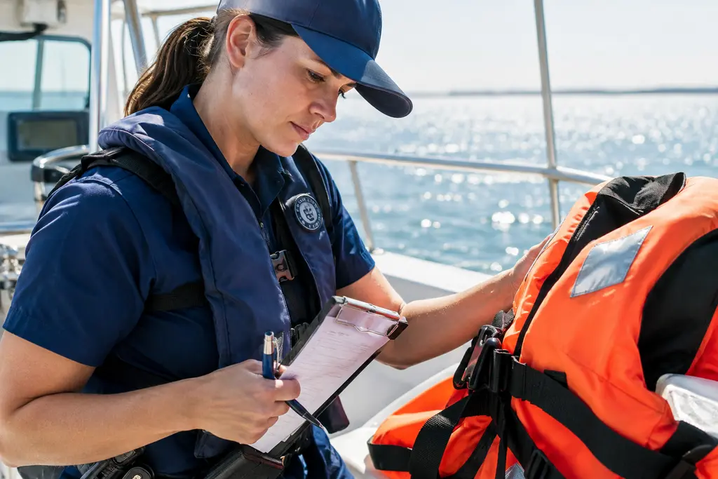 Streamlined Inspection Program checklist beside safety gear on a vessel chart table