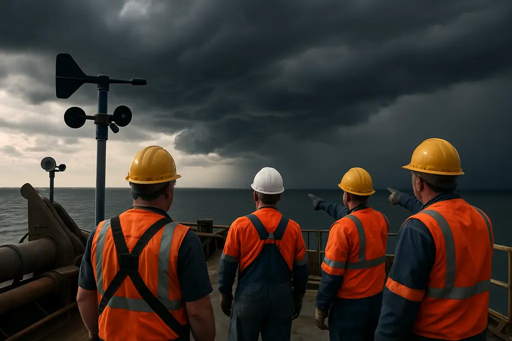 Weather awareness check on a boat near dredging markers and calm harbor water